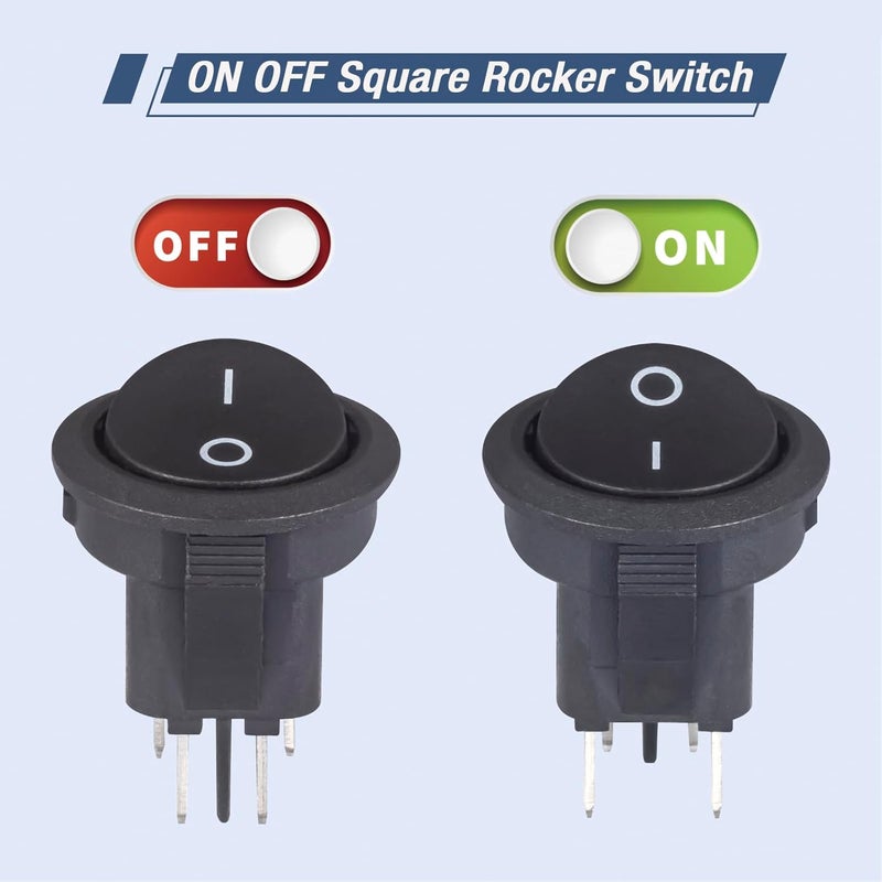 VEXUNGA Round Rocker Switch 4 Pin Circle Switches Square On Off 6A 250V 10A 125V AC Black Round Toggle Switch Square for Car Marine Boat (Pack of 5pcs) - Image 4